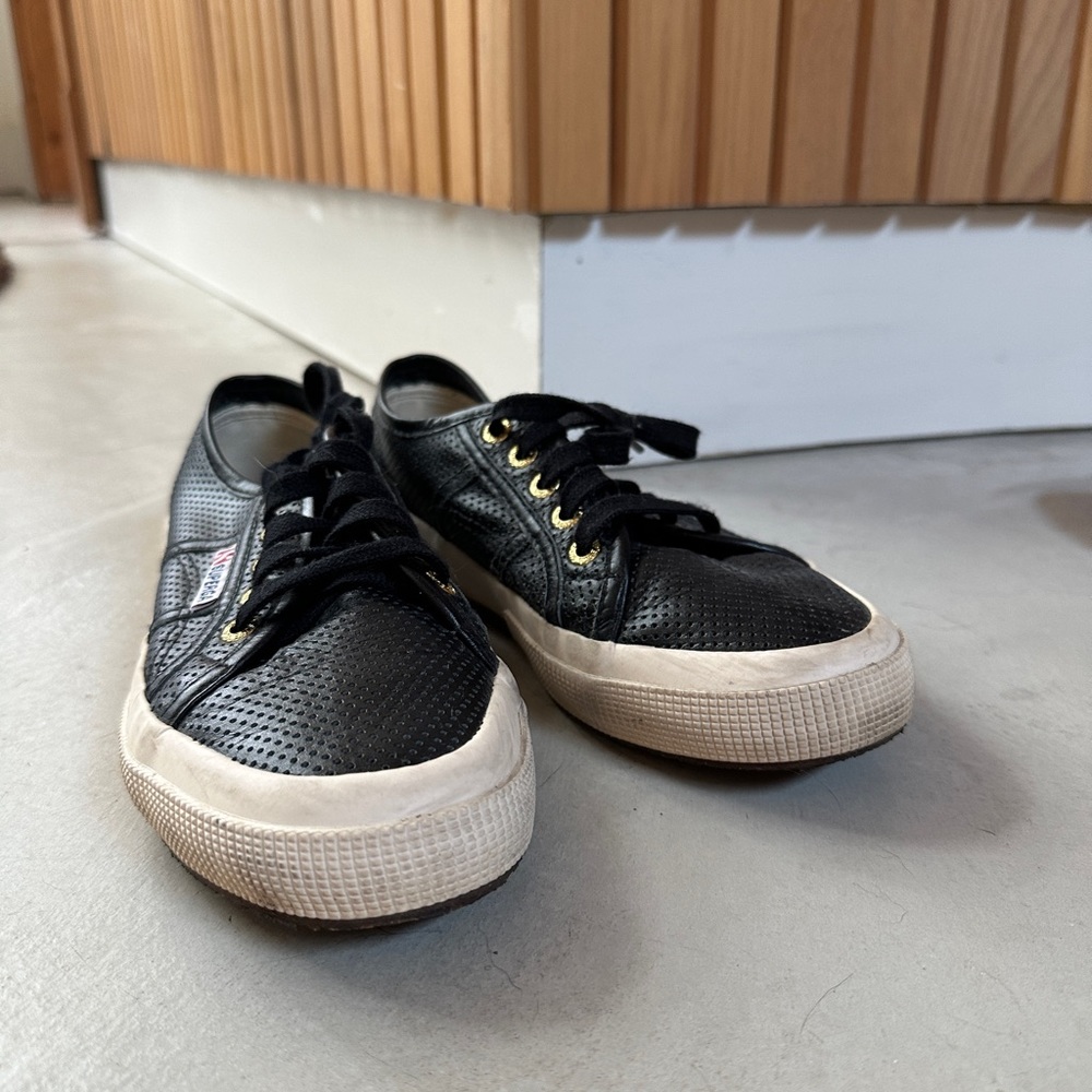 Superga Perforated Leather Sneakers, Black, 7